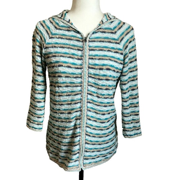 J JILL Full Zip Hoodie Jacket Sweater Cardigan Size Small Blue White Tan Striped - Picture 1 of 6